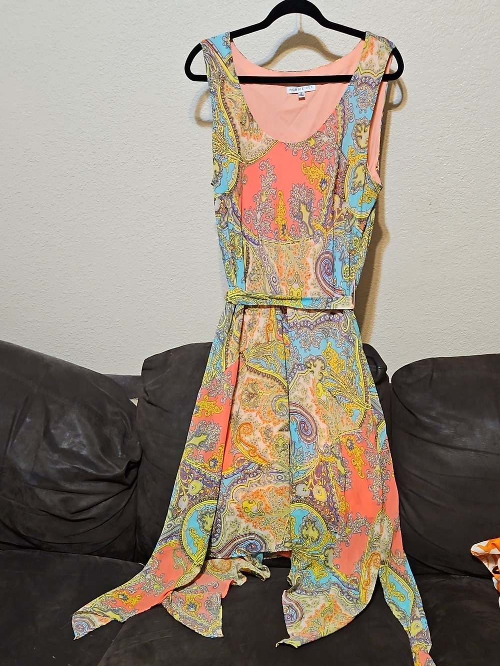 Robbie Bee Coral and Aqua Paisley Asymmetrical Dress